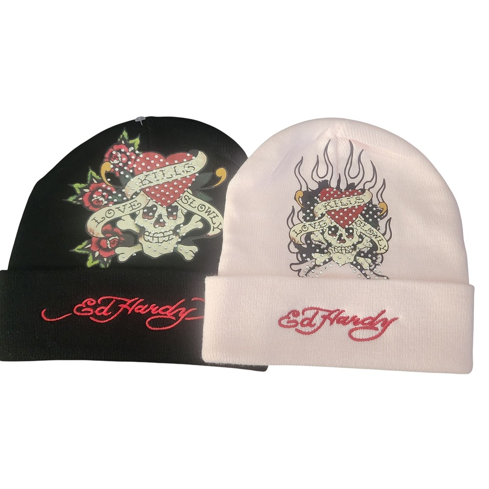 Ed Hardy Love Kills Slowly Rhinestone Beanie Hat Set Black Pink Y2K Streetwear